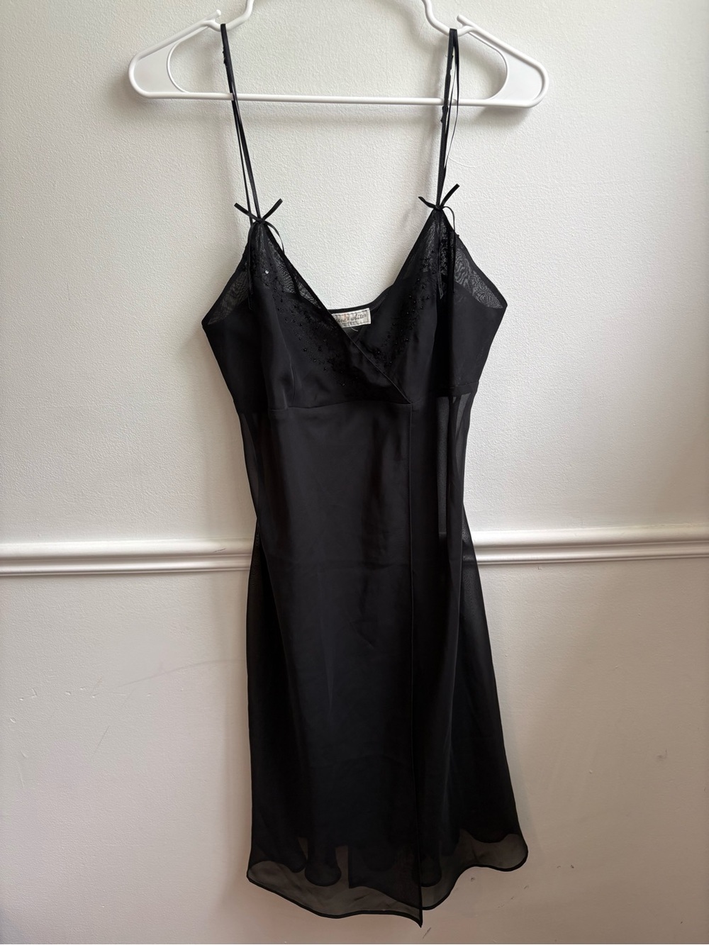 Sheer Black Lace-Trim Slip with Adjustable Spaghetti Straps